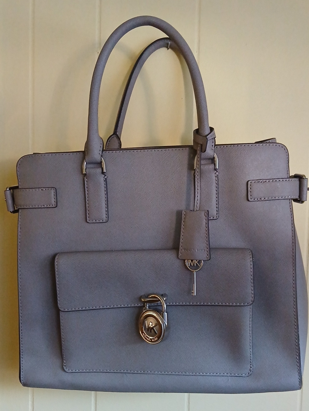 Michael Kors Lavender Gray Saffiano Satchel with Front Pocket & Padlock